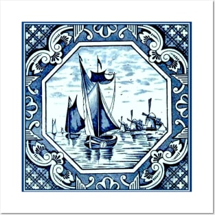 Dutch Blue Delft Sailing Boats and Windmills Posters and Art